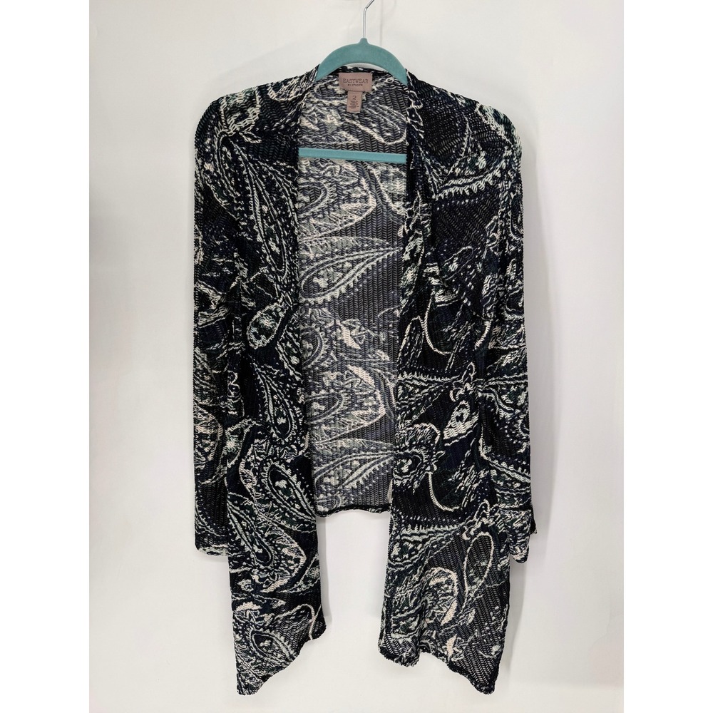 Chico's Cardigan Women Size 2 Black White Paisley Open Front Draped Easywear